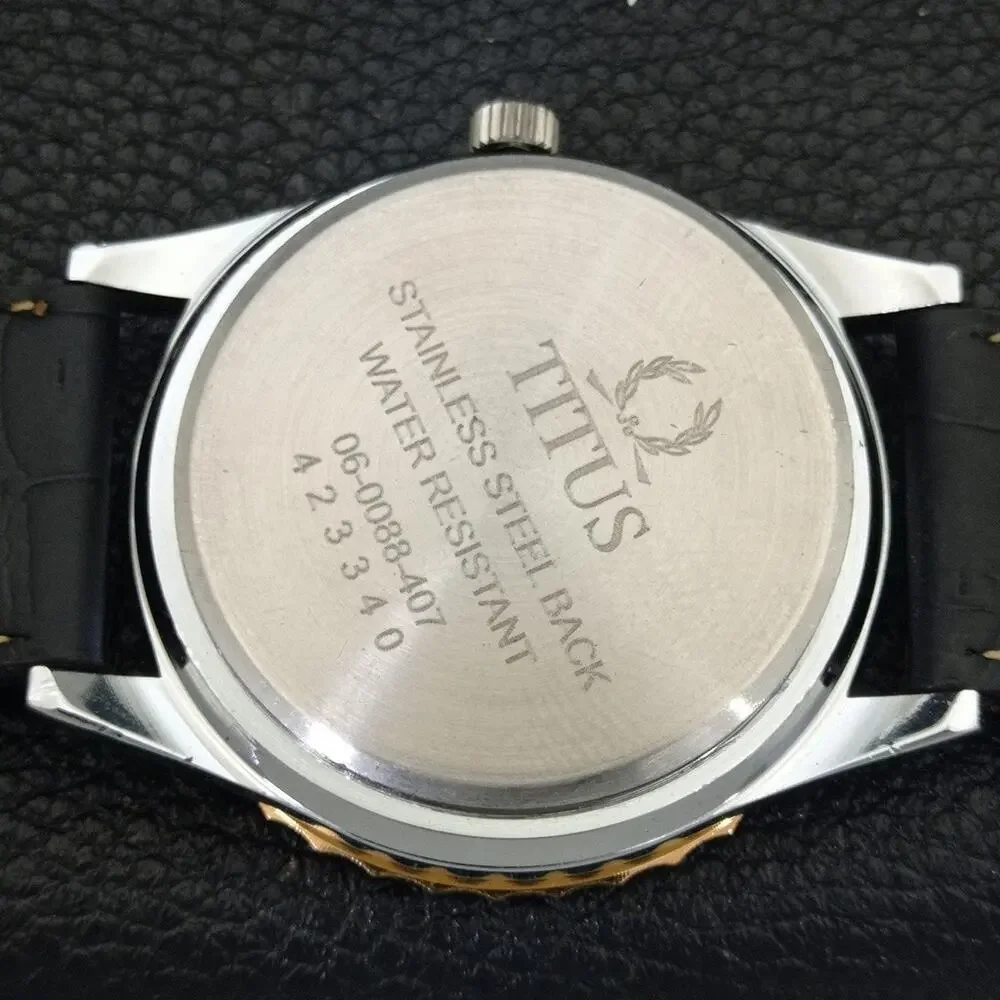 Vintage 1974 Titus Manual Mens Silver Watch W/Leather Strap & Gold accents